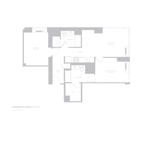 Floor plan for 2 beds, 1.5 baths, 951 sqft